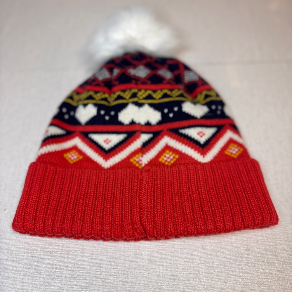 Marine Layer Pom Beanie One Size Red and Blue w/Hearts 2022 - Picture 2 of 4